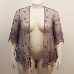 Torrid Plus 1X Purple Mesh Open Front Embroidered Kimono with Elbow Sleeve NWOT